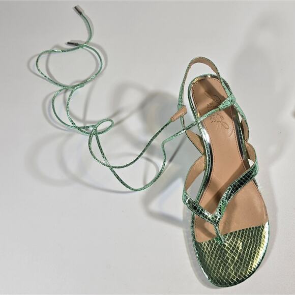 L Jewel Badgley Mischka Nolin Metallic Green Ankle Wrap Thong Sandals Heels Sz 6 - Picture 10 of 10